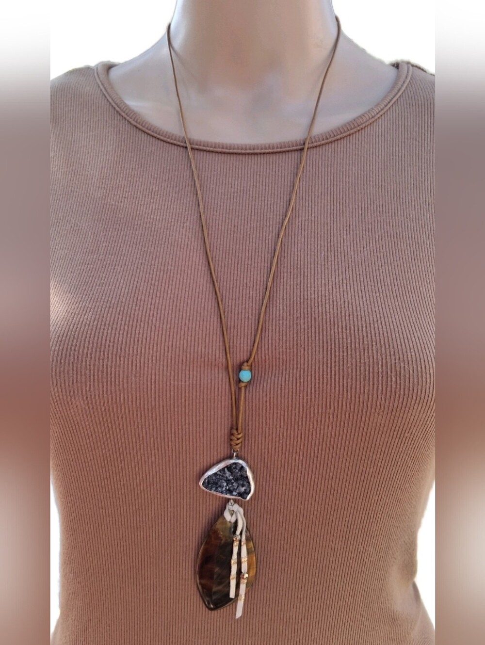 Chan Luu Sterling Silver Tiger’s Eye & Black Druzy Agate Leather Cord Necklace